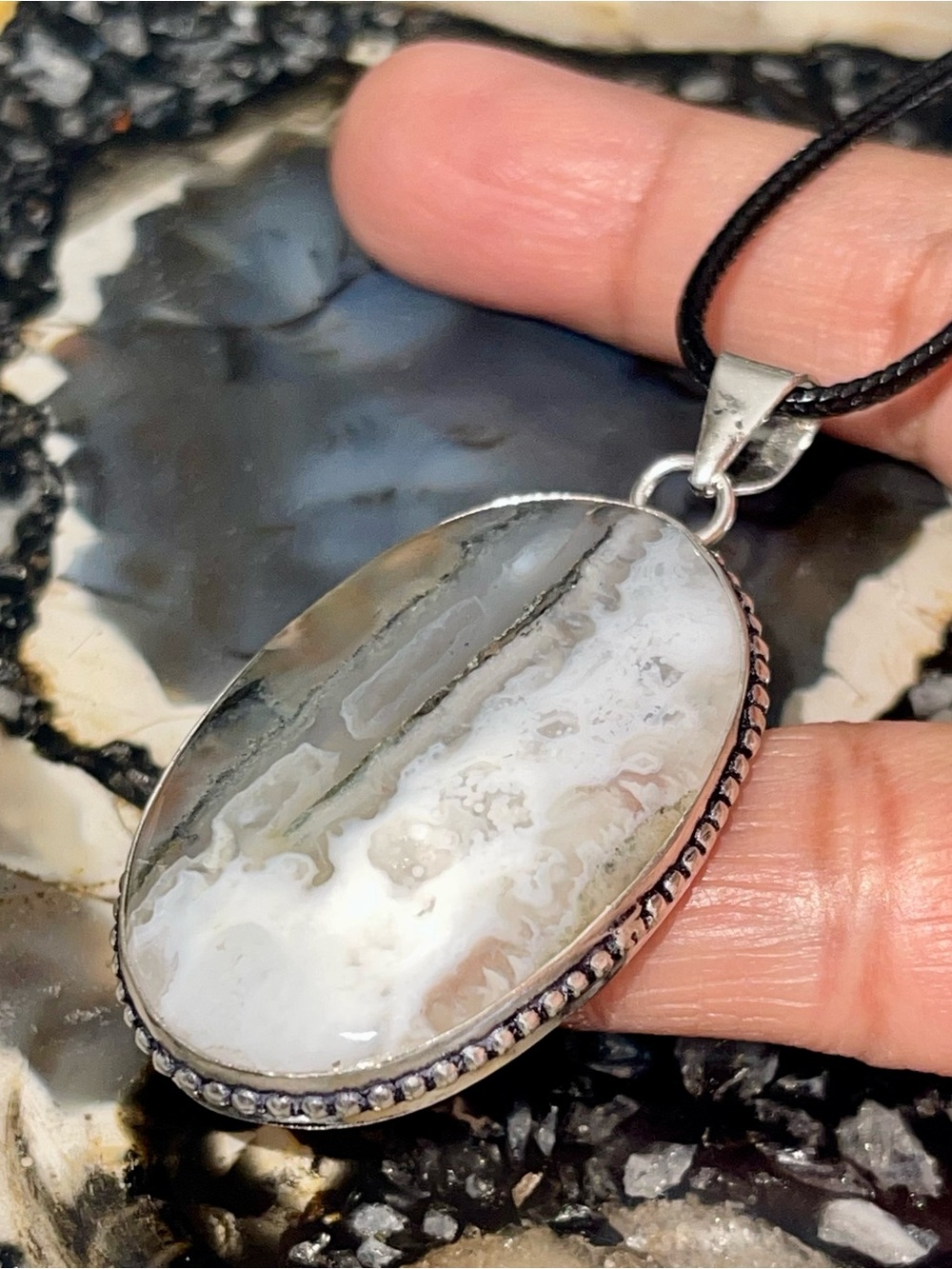 Gray & White Banded Lace Agate Pendant 2 1/4”